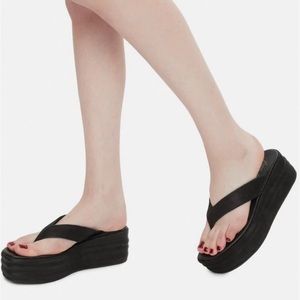 Free People Black Leather Haven Flatform Thong Sandals
